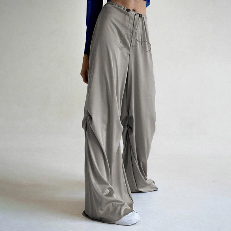 Whimsical Low Waist Drawstring Satin Wide Leg Baggy Pants - Gray - Image 2