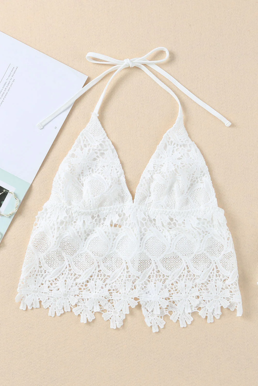 White Floral Lace Crochet Halter Backless Bralette - Image 5