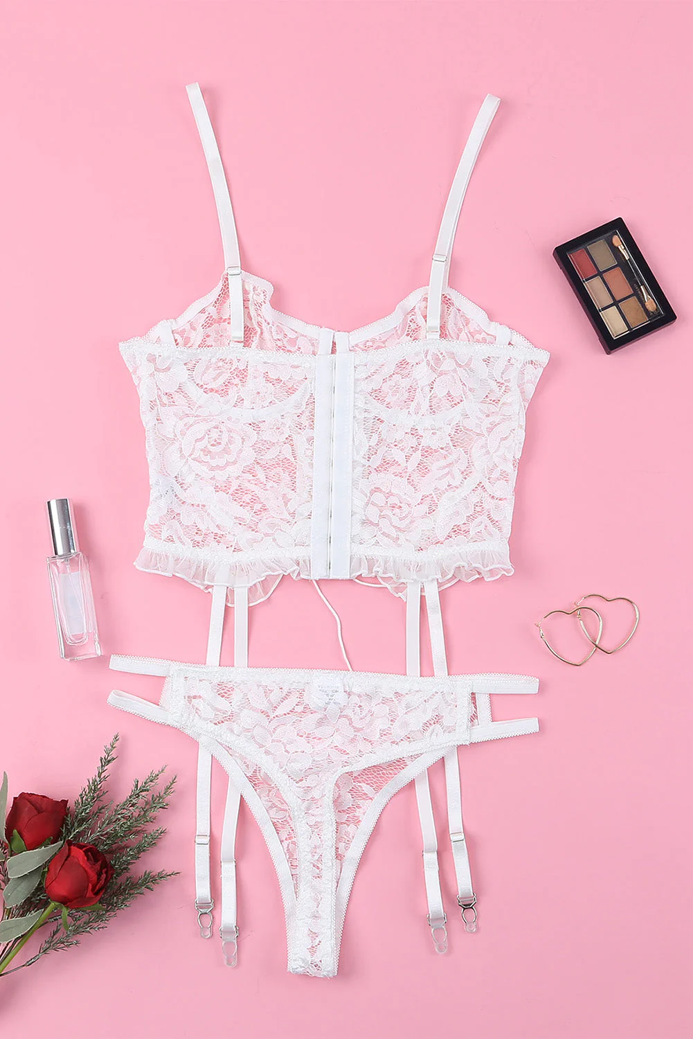 White Lace Criss Cross Lace-Up Ruffled Two-Piece Lingerie Set - Image 6