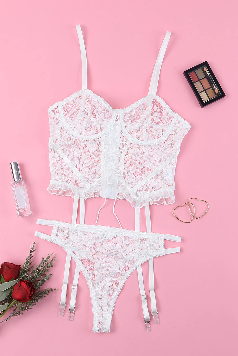 White Lace Criss Cross Lace-Up Ruffled Two-Piece Lingerie Set - Image 7