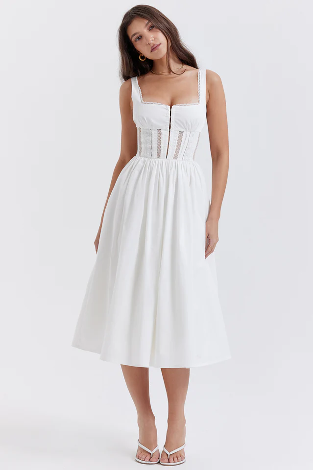White Lace Trim Midi Dress - Image 2