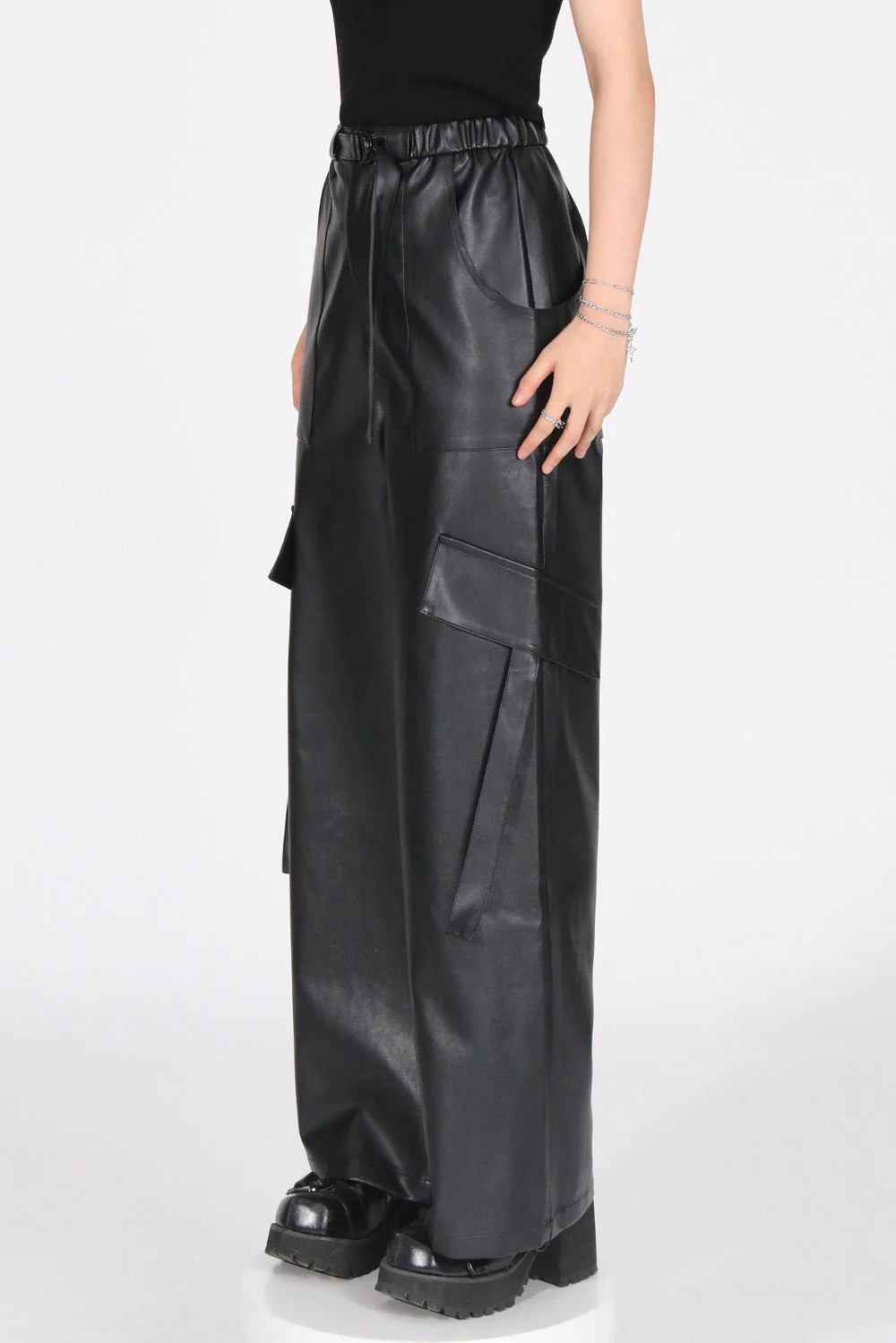 Wide Leather Trousers - Black - Image 2