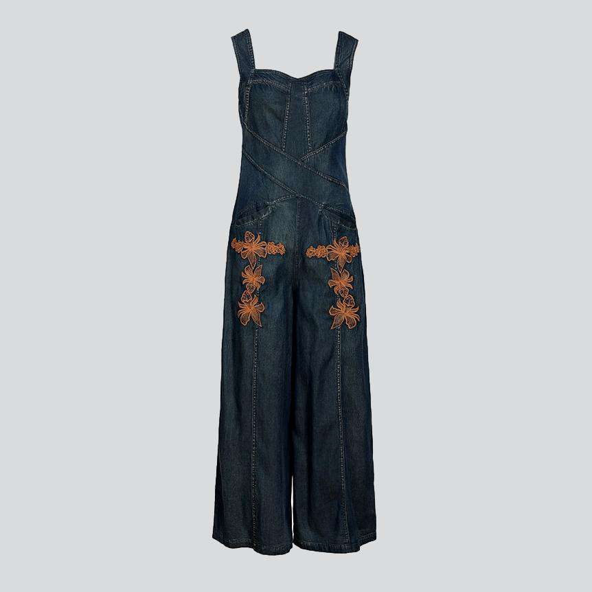 Wide-leg embroidered denim overall - Image 5