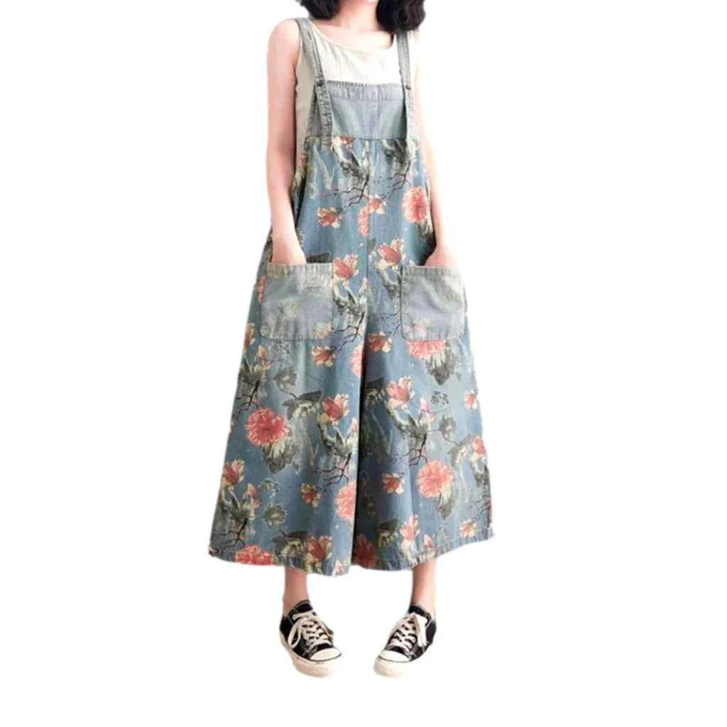 Wide-leg flowery women's denim jumpsuit - Image 2