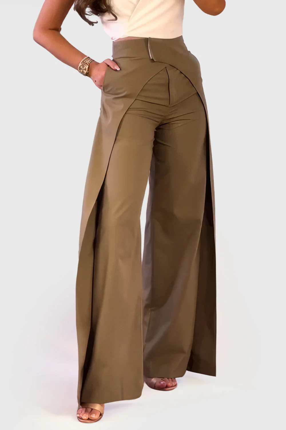 Wide Trousers with Double Layer Detail - Brown - Image 2