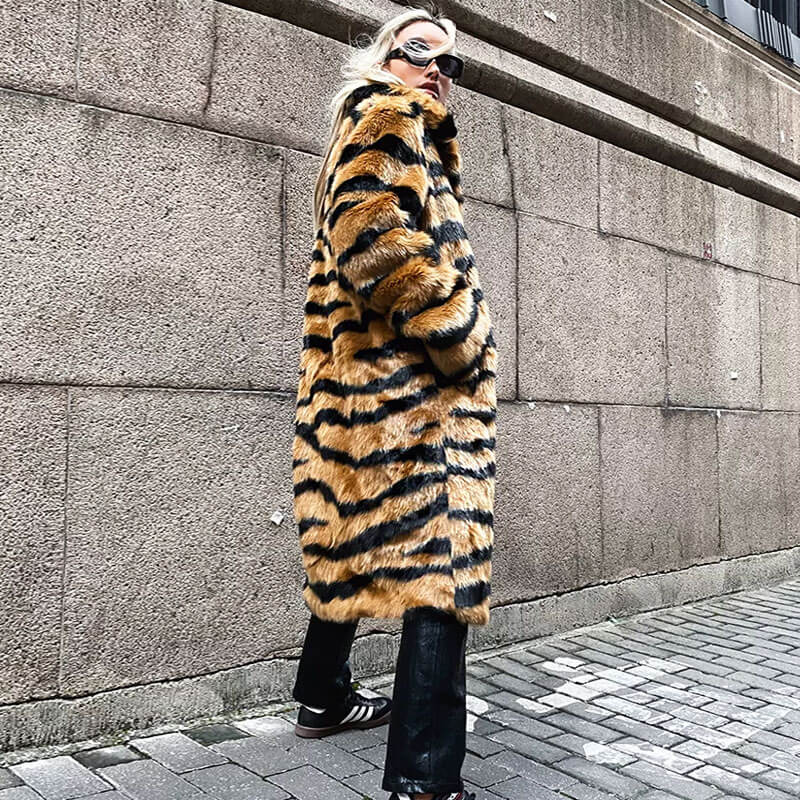Wild Animal Print Open Front Collared Faux Fur Teddy Trench Coat - Tiger - Image 4