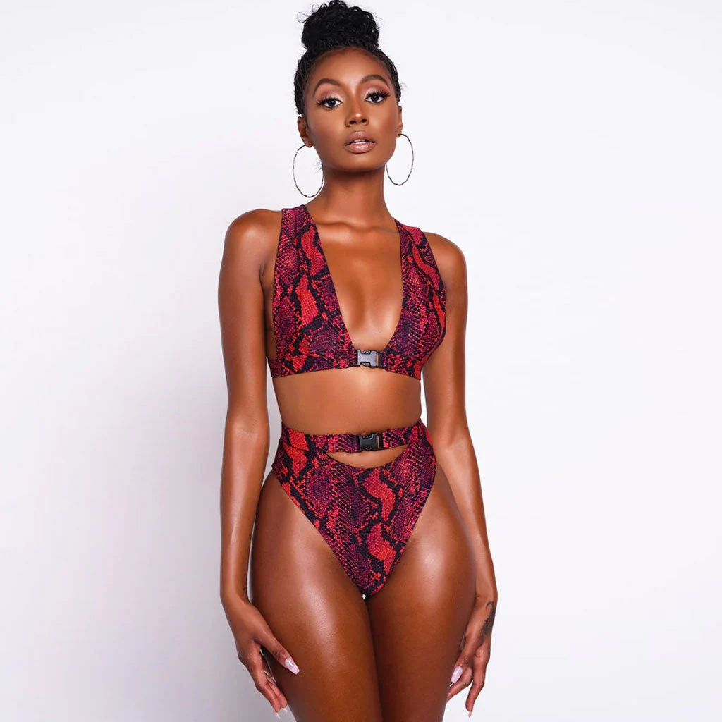 Wild Snake Printed High Waist High Cut Triangle Thong Bikini Set - Red - Image 2