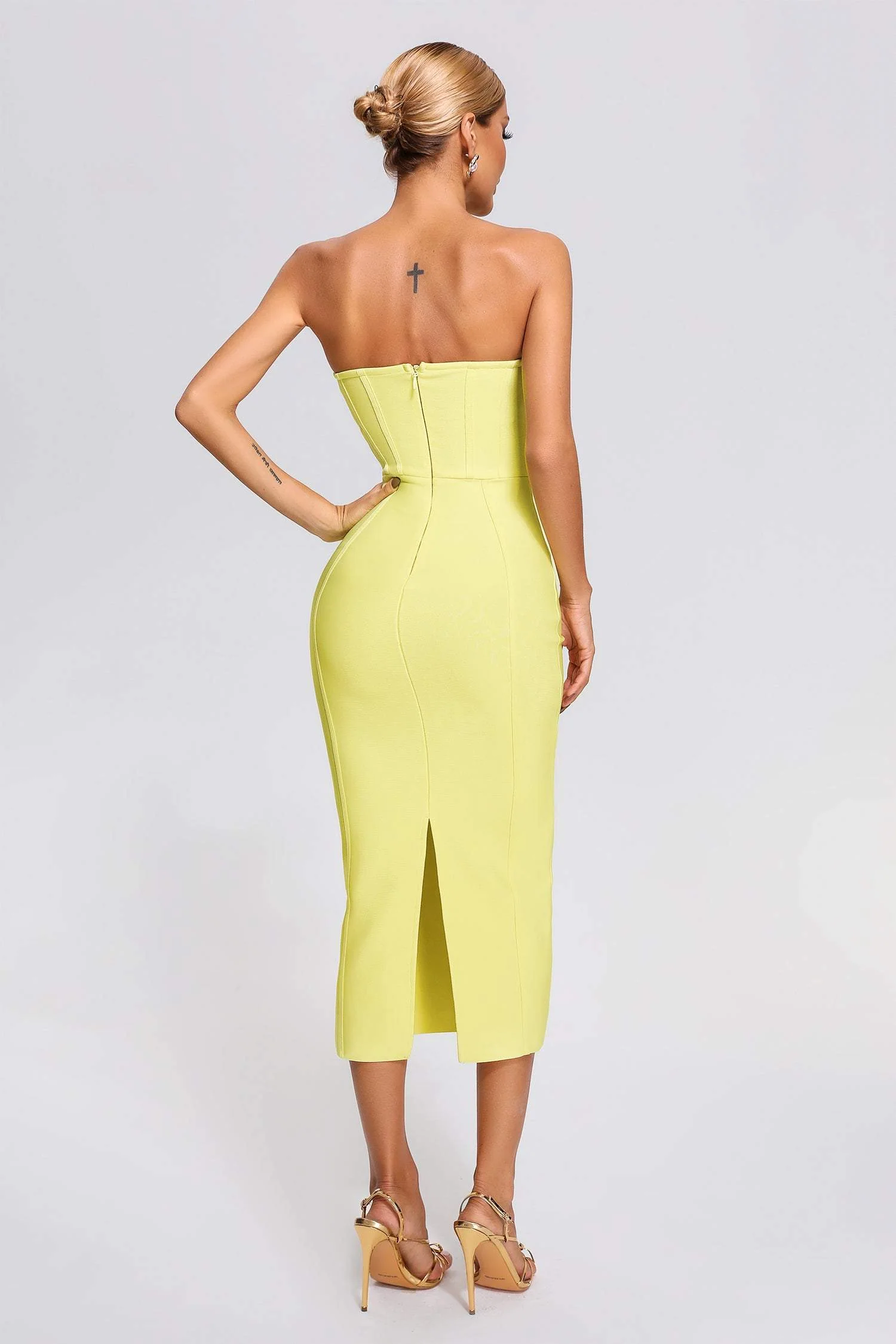 Yellow Strapless Bandage Midi Dress - Image 4