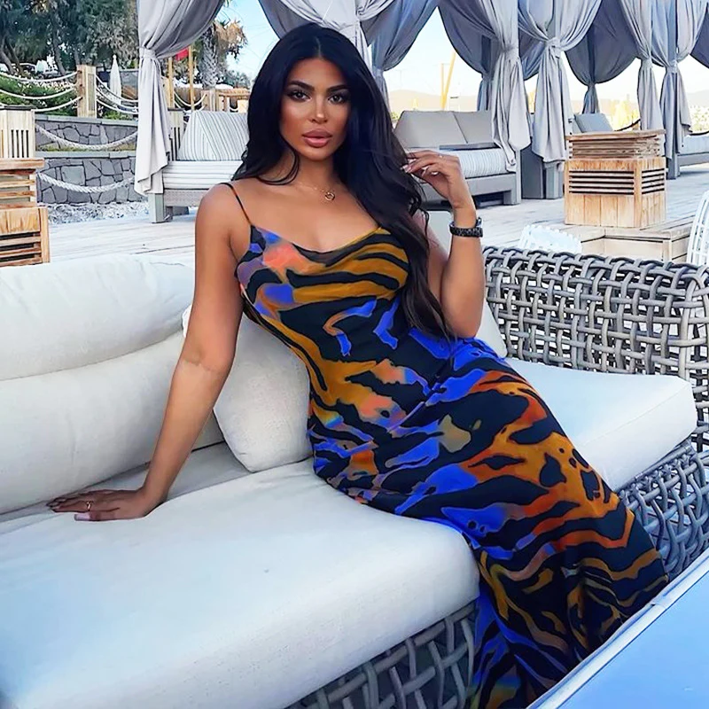 With Print Backless Halter Dress
