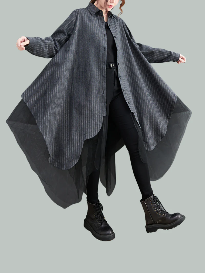Women Autumn Loose Fashion Striped Mesh Mid-Length Button Shirt Dress - Image 2