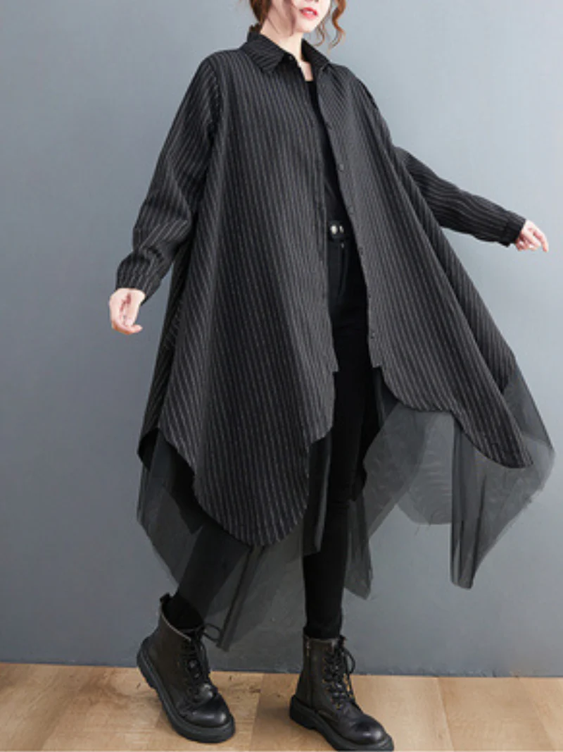 Women Autumn Loose Fashion Striped Mesh Mid-Length Button Shirt Dress - Image 4