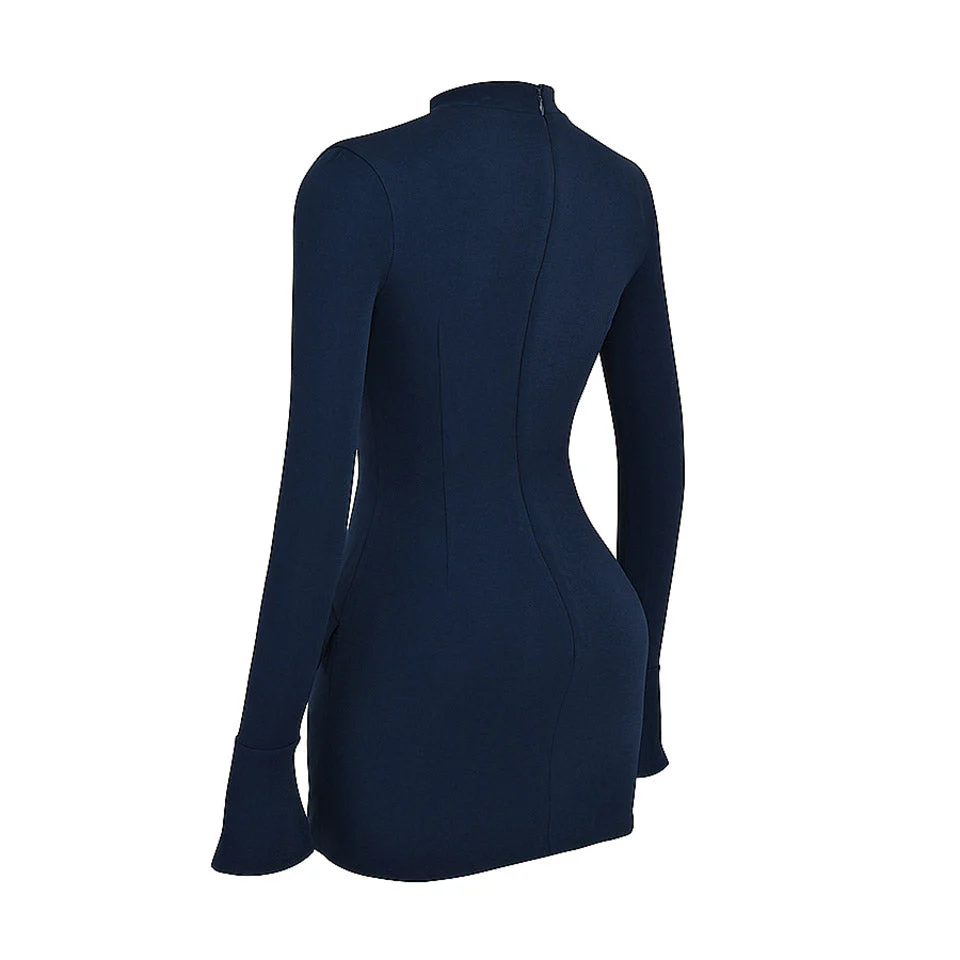 DARK BLUE Mini Dress with Pockets and Long SleeveS - Image 4