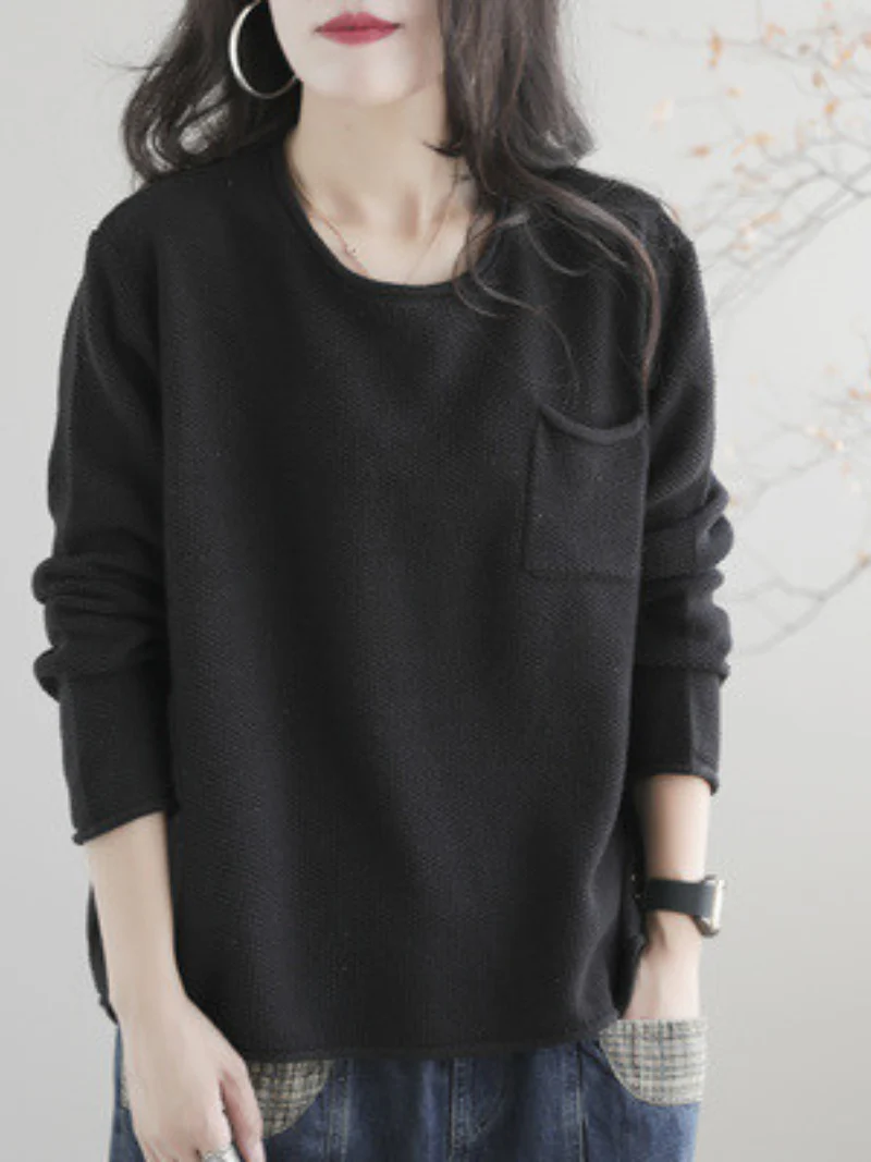 Women Knitted Small Pocket Solid Color Casual Loose Retro Sweater Top - Image 11