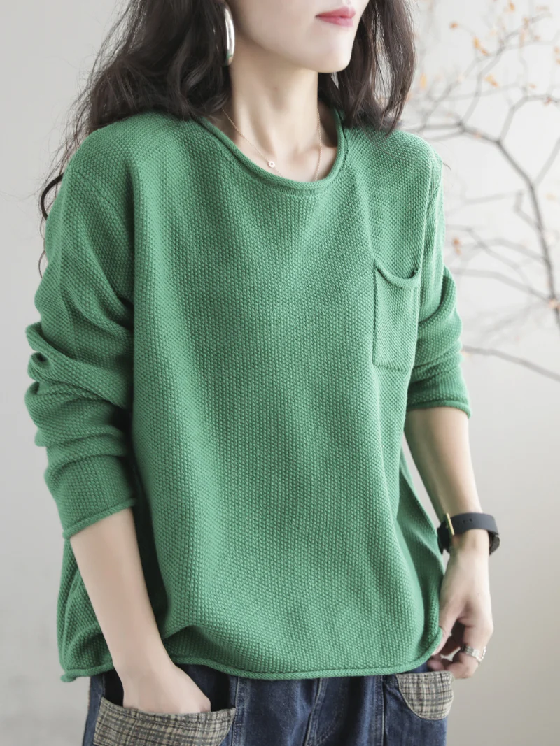 Women Knitted Small Pocket Solid Color Casual Loose Retro Sweater Top - Image 2