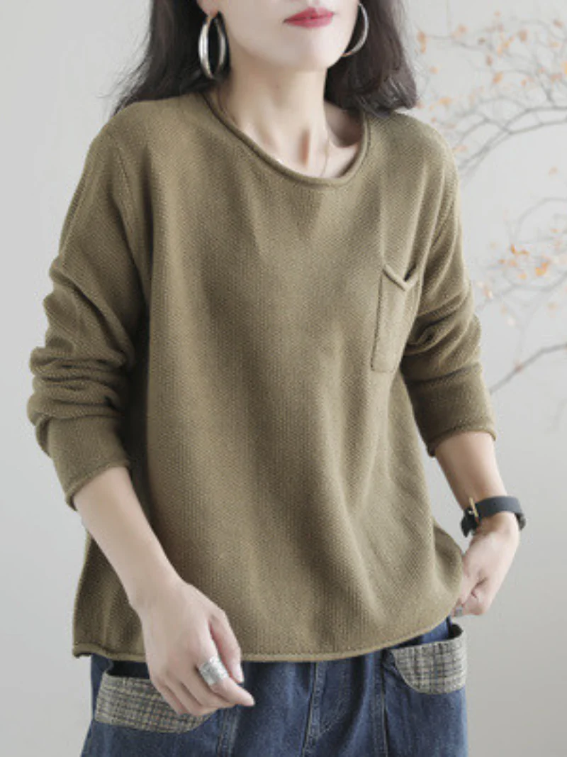 Women Knitted Small Pocket Solid Color Casual Loose Retro Sweater Top - Image 7