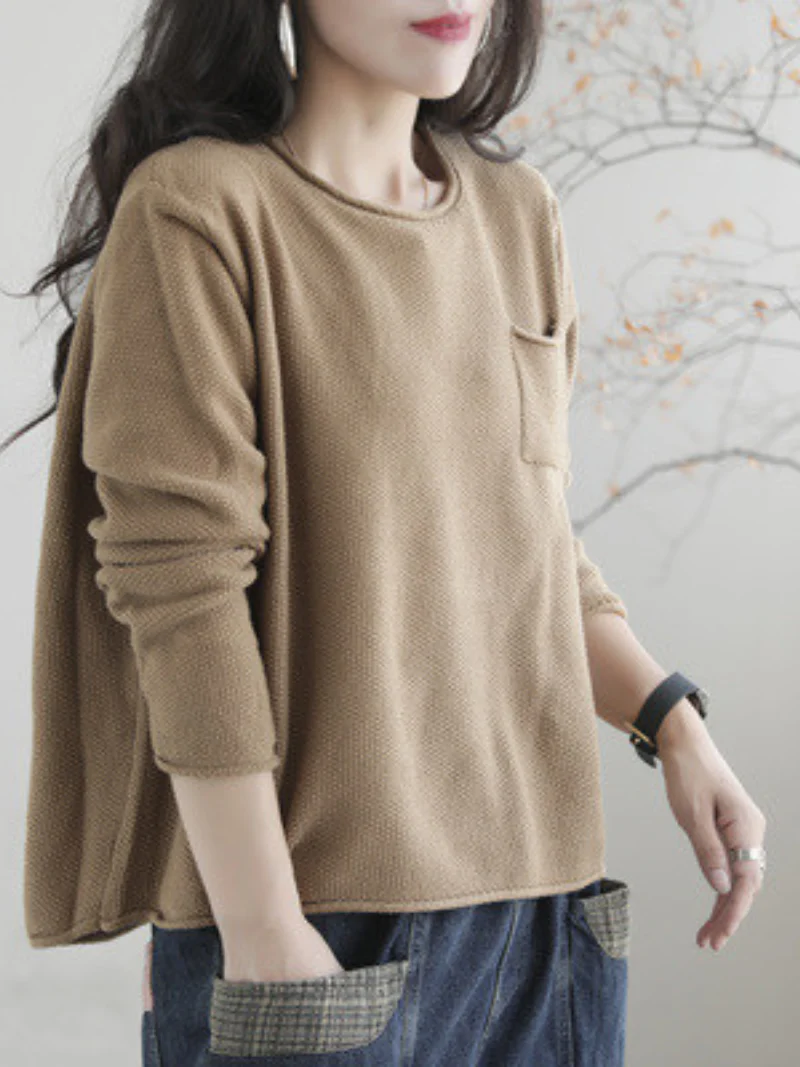 Women Knitted Small Pocket Solid Color Casual Loose Retro Sweater Top - Image 8