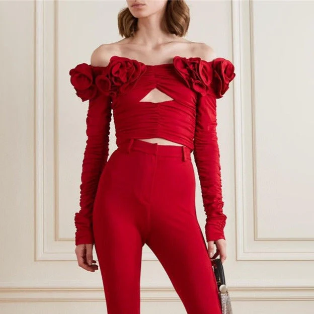 JUNKO FLowER RUCHED Hollow Out Long Sleeve TOP - Image 2