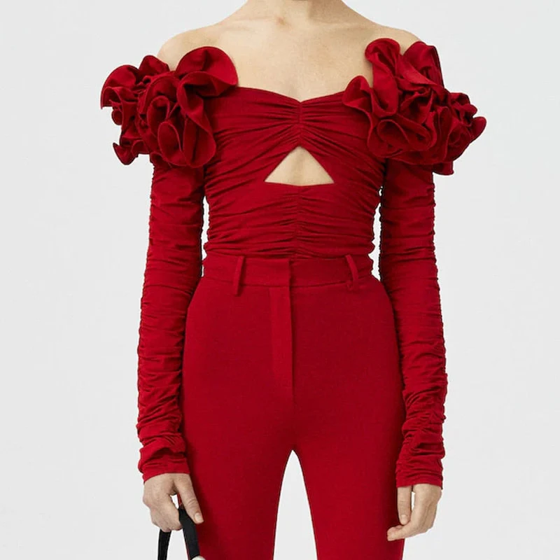 JUNKO FLowER RUCHED Hollow Out Long Sleeve TOP - Image 5