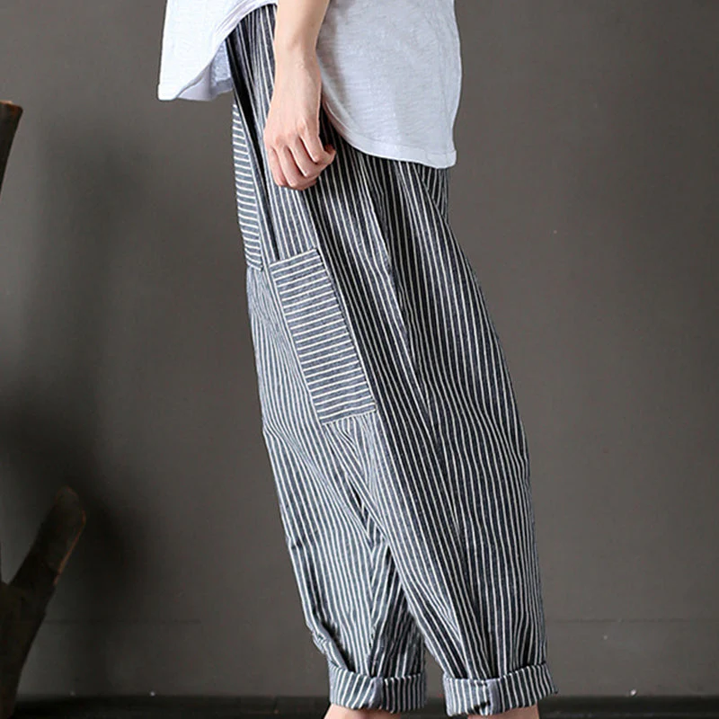 Women Stripe Elastic Waist Casual Loose Harem Pants - Image 2