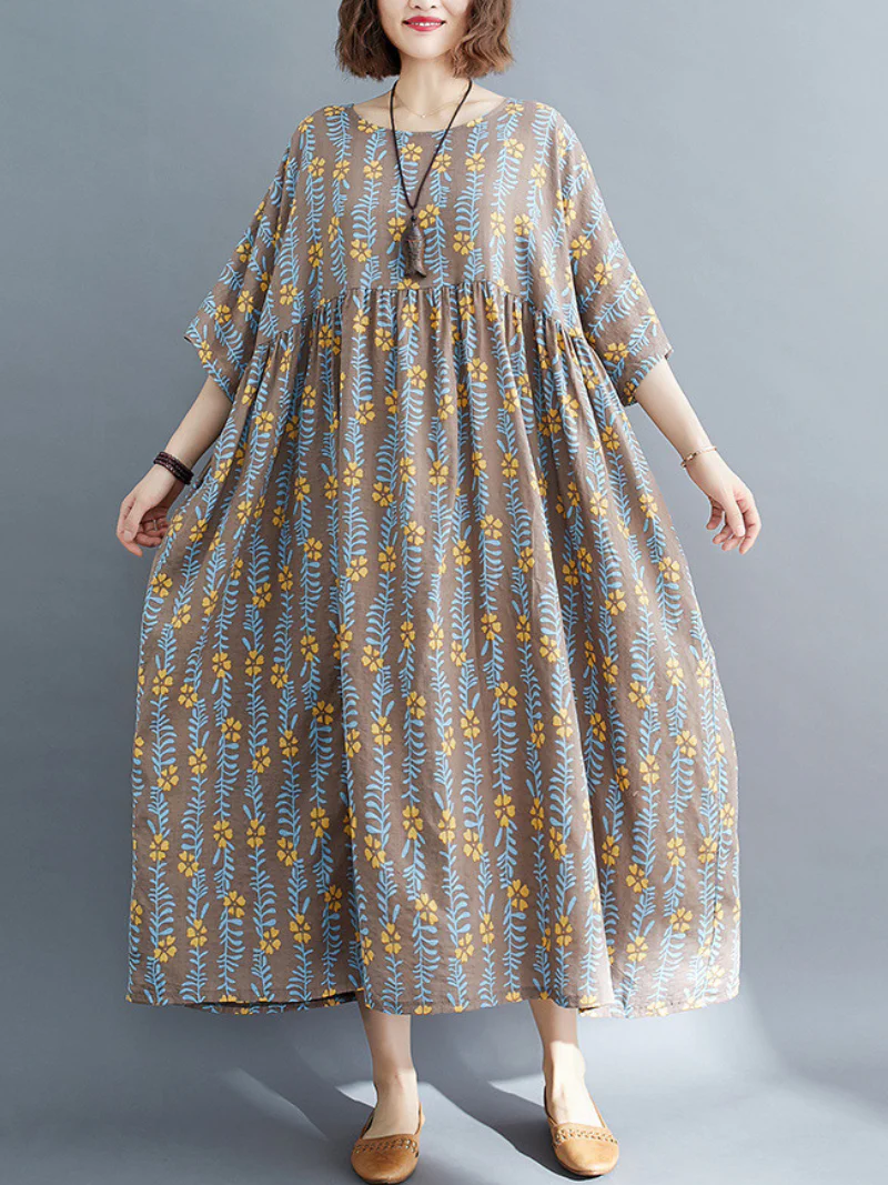 women summer loose round neck print short-sleeved plus size mid-length smocked dress - Image 2