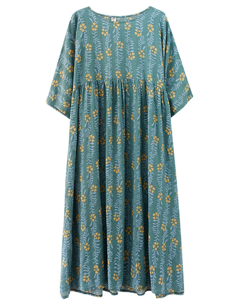 women summer loose round neck print short-sleeved plus size mid-length smocked dress - Image 4