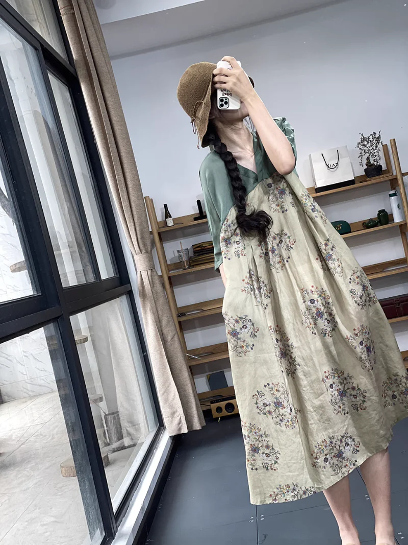 V-neck Retro Printing A-Line Dress - Image 2