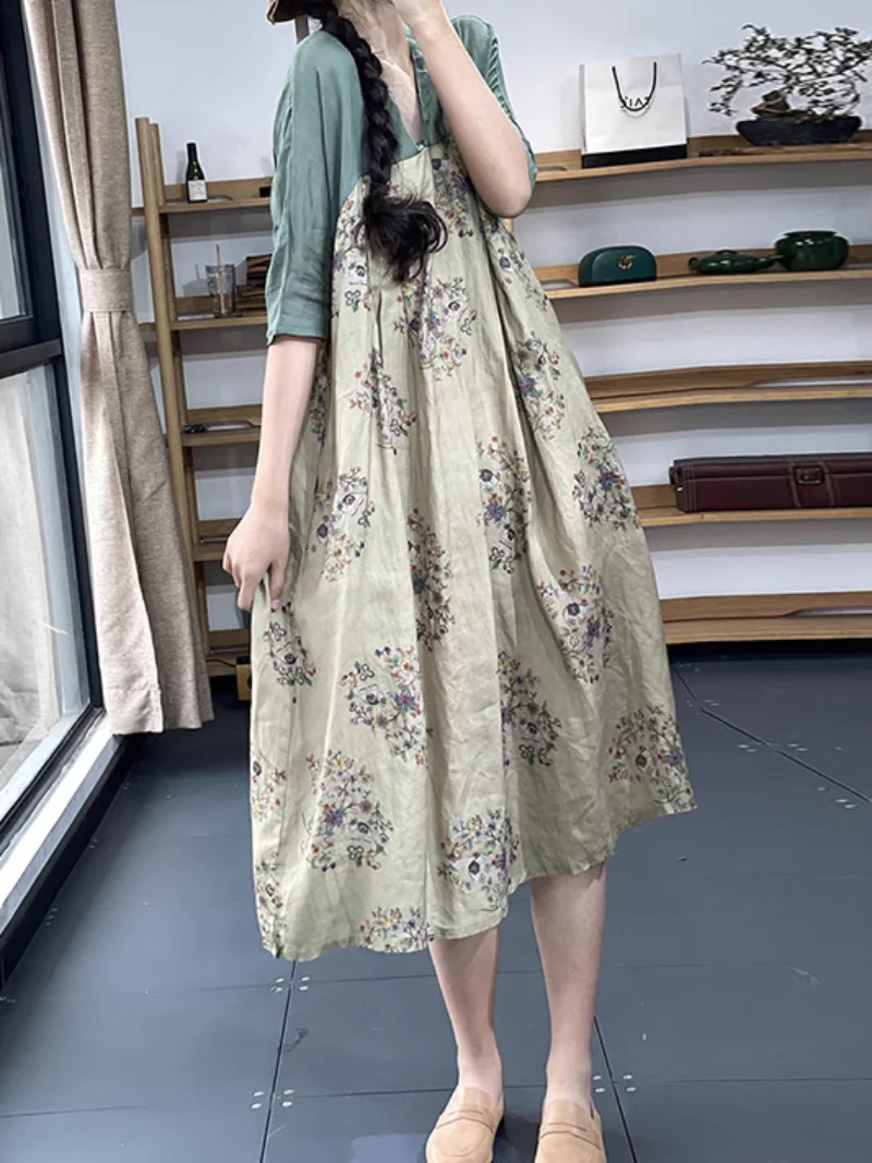 V-neck Retro Printing A-Line Dress - Image 4