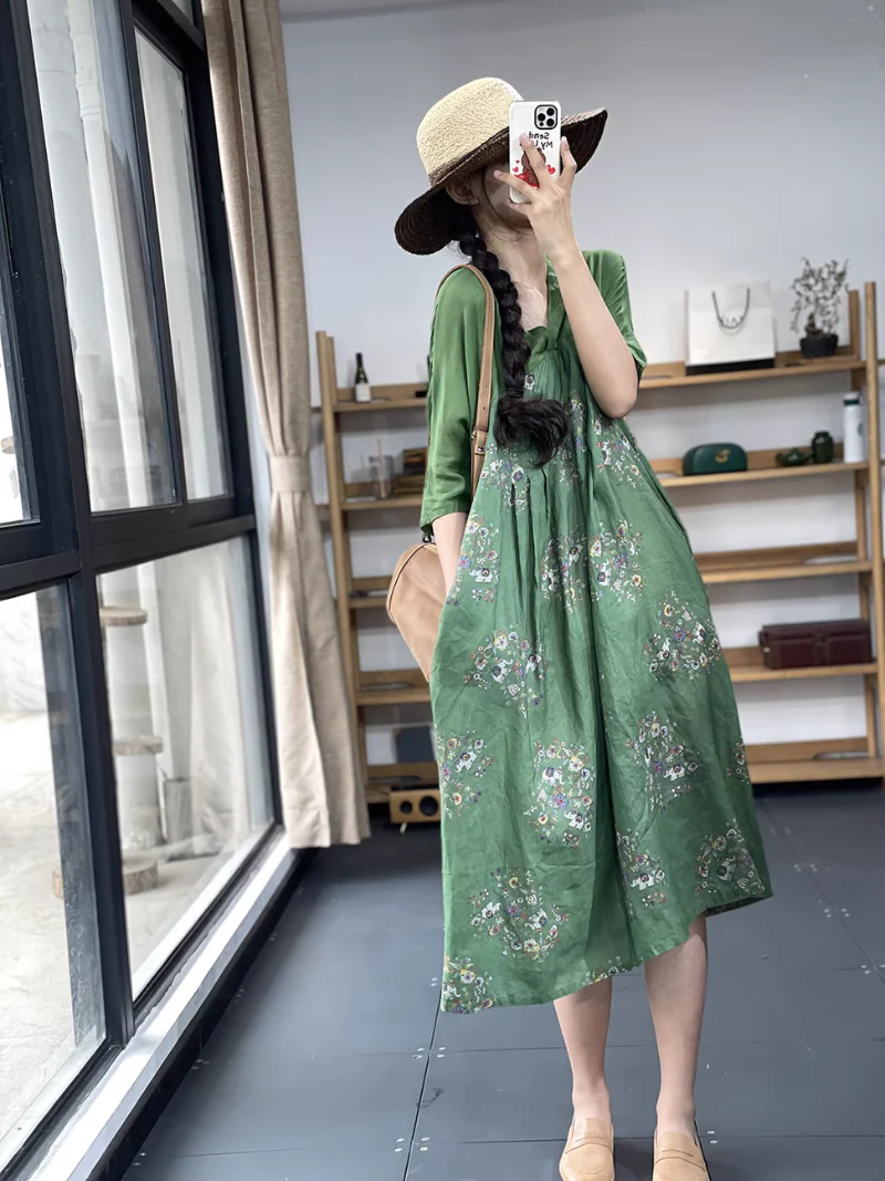 V-neck Retro Printing A-Line Dress - Image 5