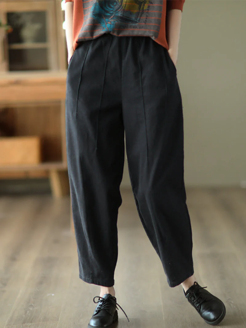 Cotton Elastic Waist Loose Solid Color Casual Harem Pants - Image 2