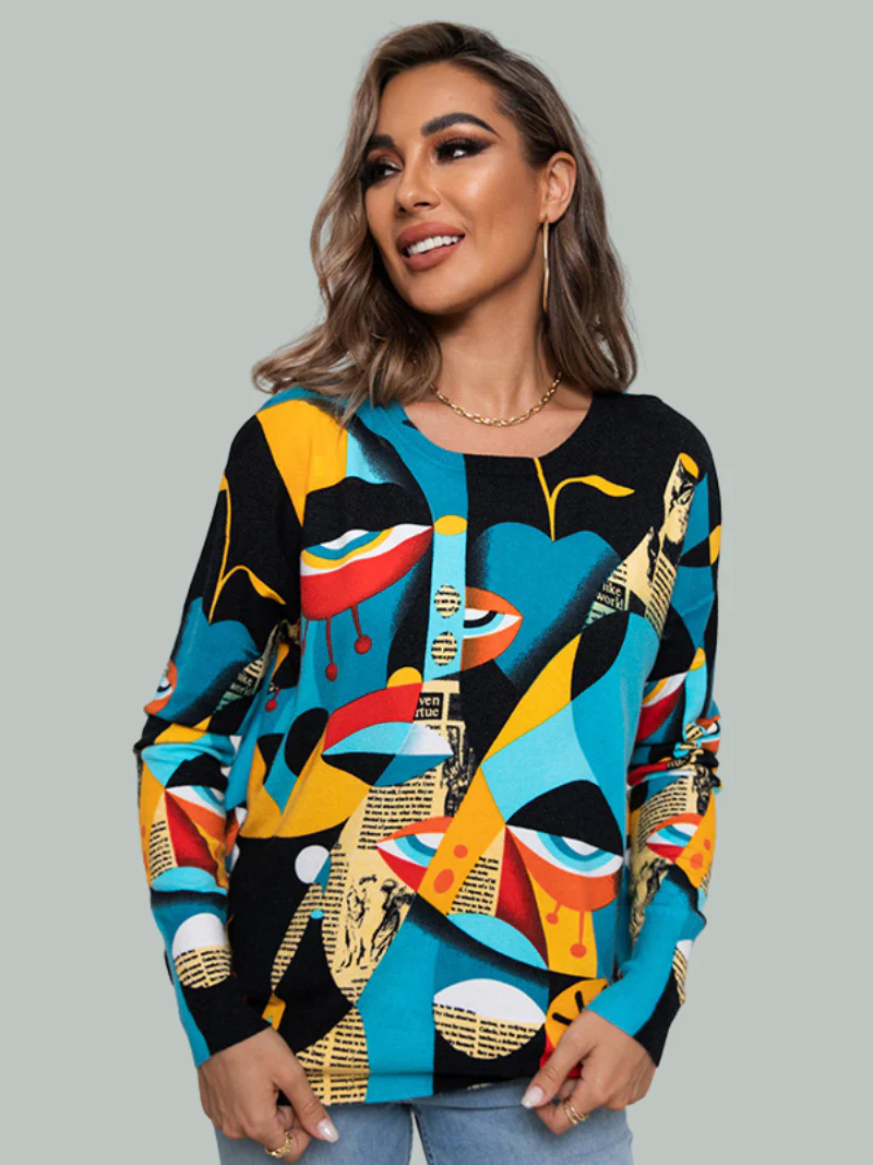 Autumn Winter Printing Round Neck Pullover knitted TOP - Image 2