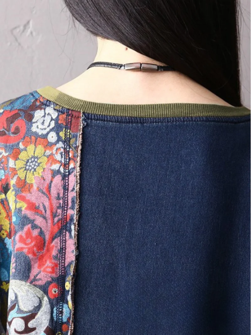 autumn bat sleeve denim large size sweater midi style top dress - Image 3