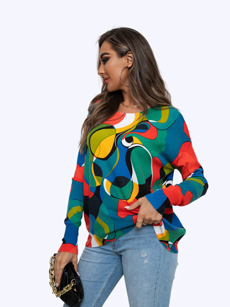 Autumn Large Size Printed Knitted Loose Pullover Round Neck Mid-Length Top - Image 4