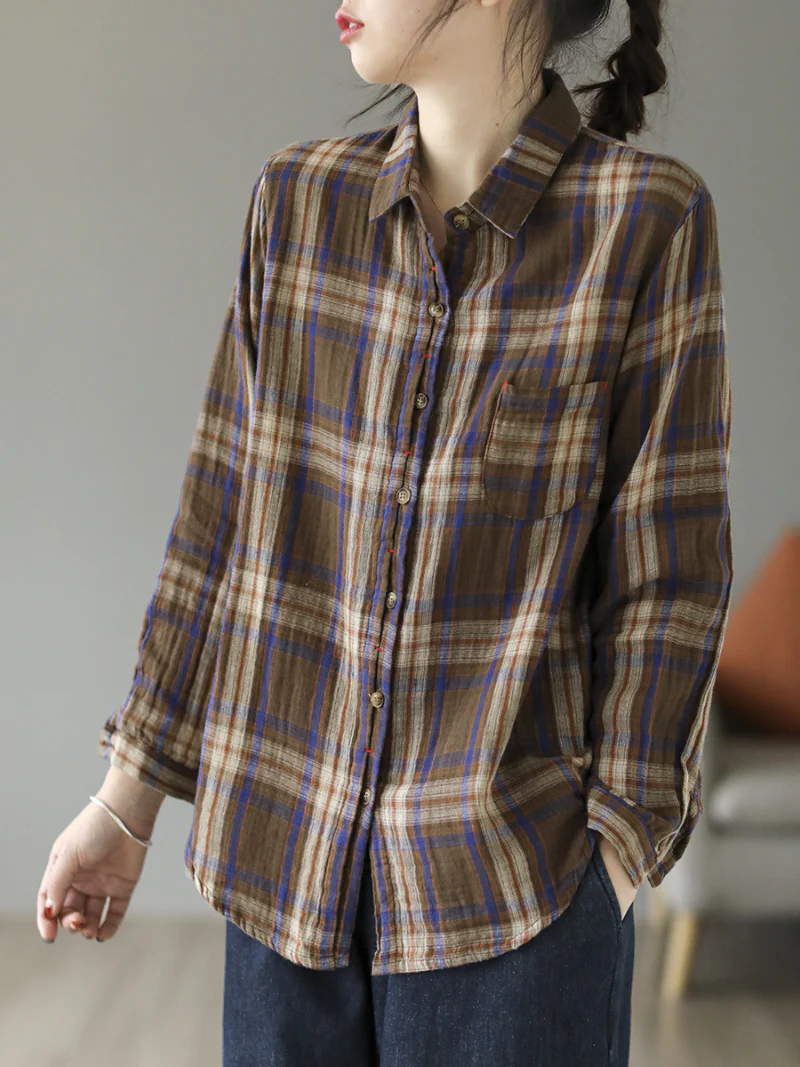 Cardigan Loose Cotton Lining Check Pattern Shirt - Image 7