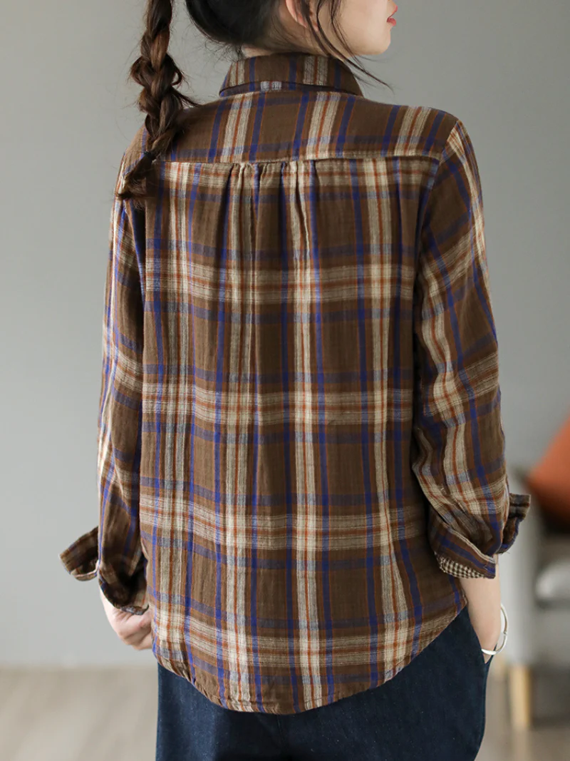 Cardigan Loose Cotton Lining Check Pattern Shirt - Image 8