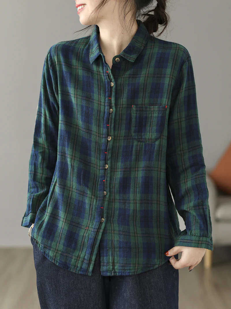 Cardigan Loose Cotton Lining Check Pattern Shirt - Image 9