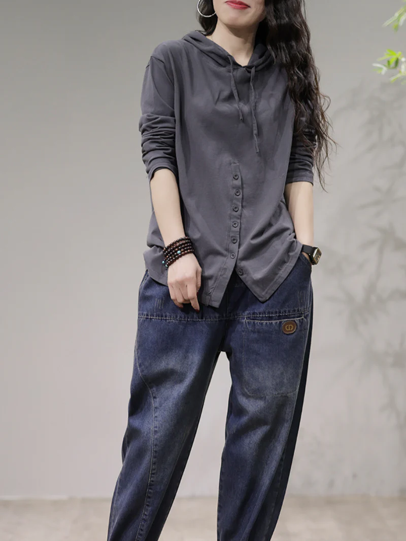 Cardigan Stylish Front Button Long Sleeves Hooded Shirt - Image 12