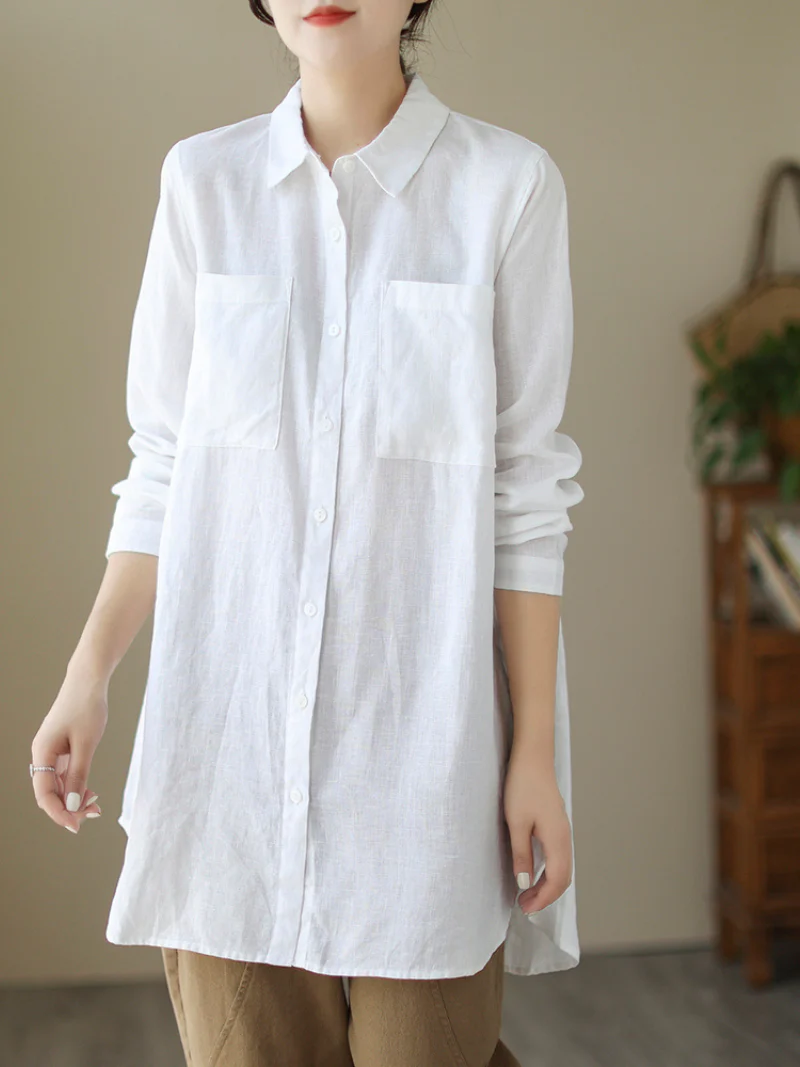 Casual Long-Sleeved Shirt Loose Mid-Length Button Shirt Top With Pocket - Image 3
