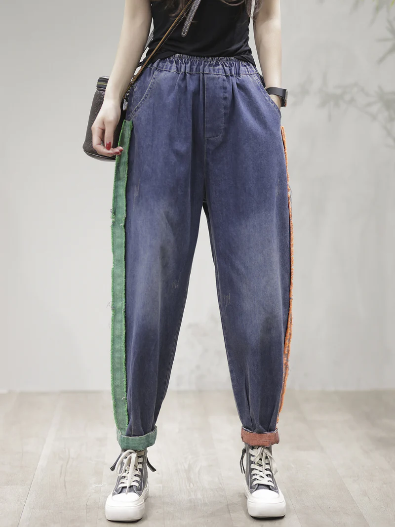 Casual Vintage Loose Fit Patch Denim Bottom Jeans Pants - Image 3
