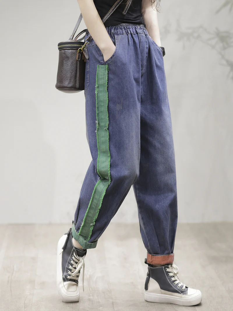Casual Vintage Loose Fit Patch Denim Bottom Jeans Pants - Image 4