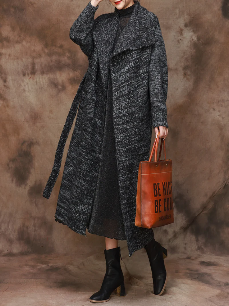 Classic Trench Lapel Belt Knitted Coat - Image 2