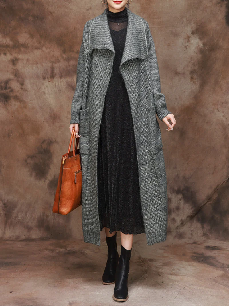 Classic Trench Lapel Belt Knitted Coat - Image 9