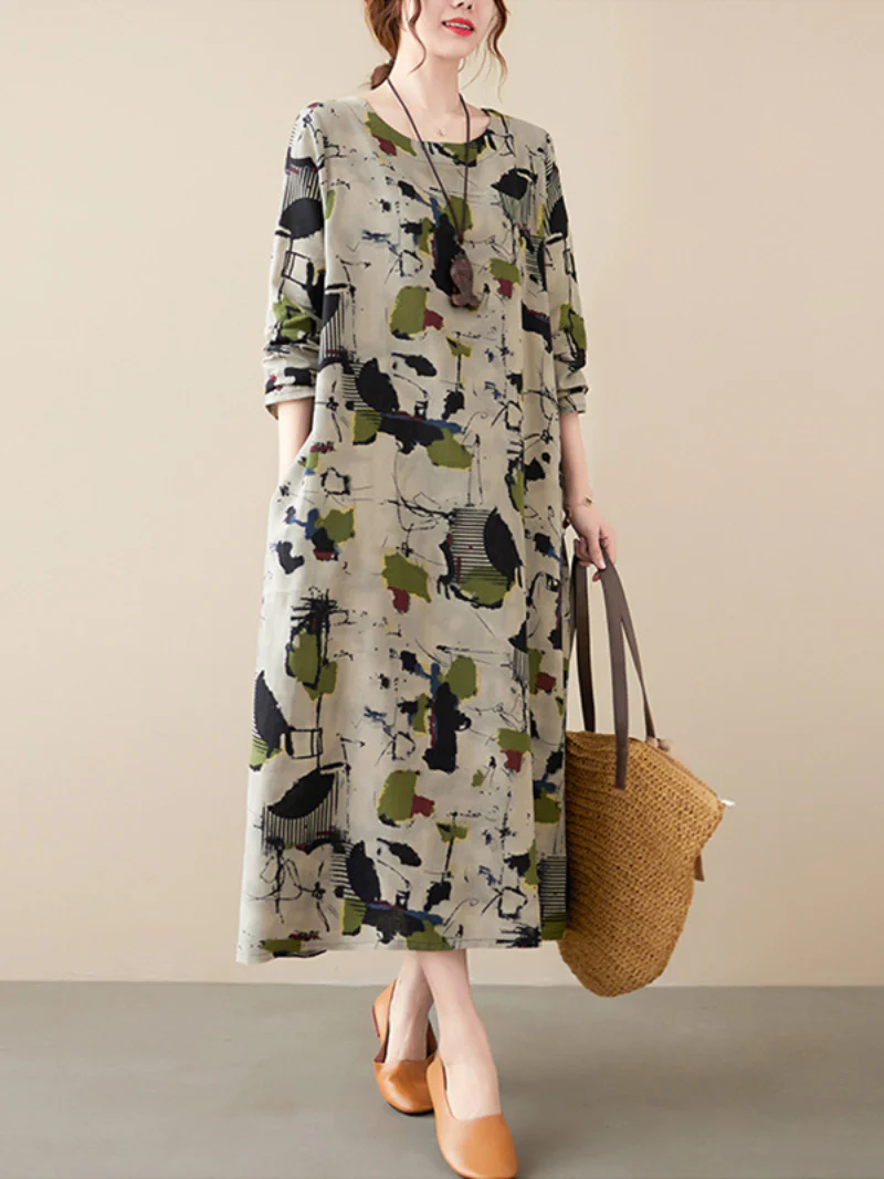 cotton long-sleeved pring summer with broken flowers A-line dress - Image 3