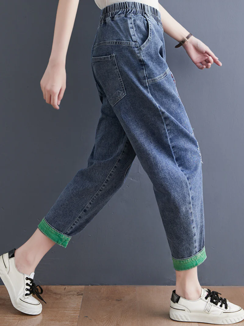 Denim Casual Western Style Loose Large High Waist Denim Pants - Image 5