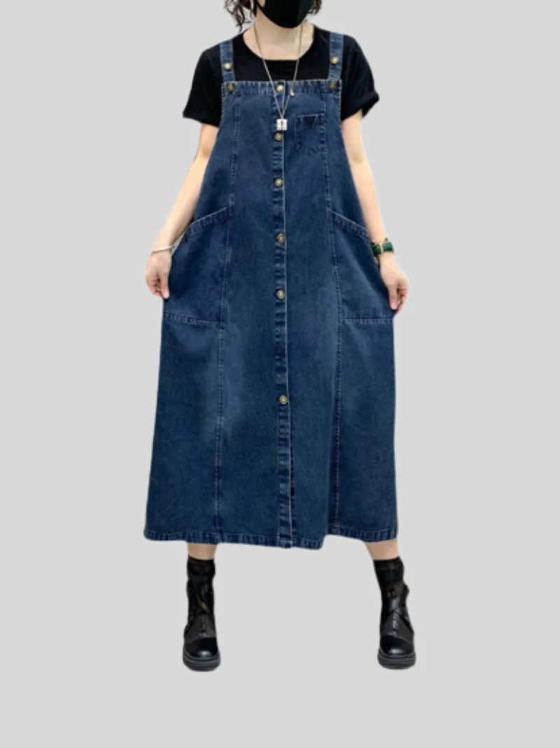 Denim Midi-Length Over-The-Knee Casual Salopette Dress - Image 5