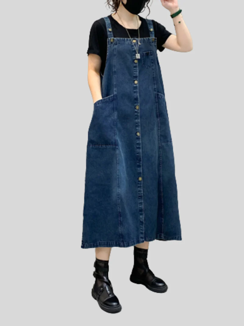 Denim Midi-Length Over-The-Knee Casual Salopette Dress - Image 7