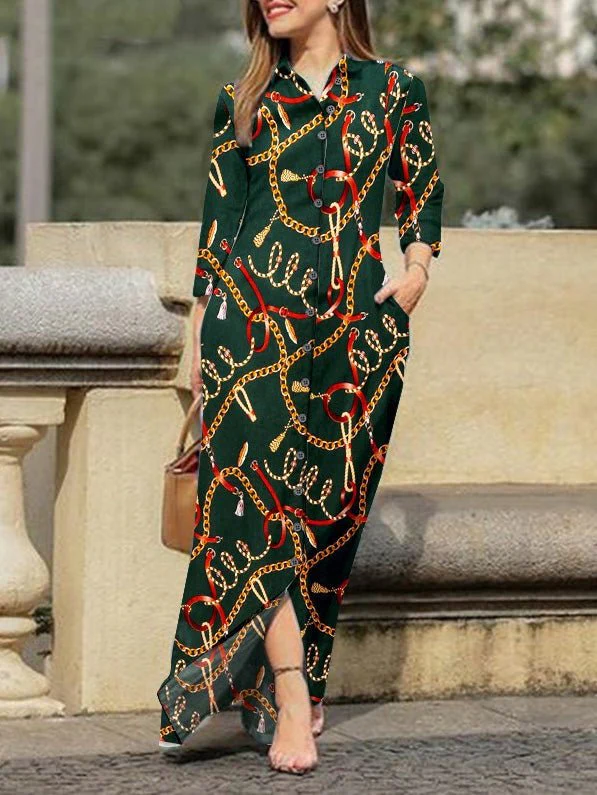 Chain Print Lapel Button Long Sleeve Dress - Image 2