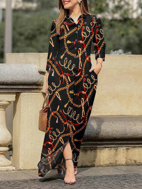 Chain Print Lapel Button Long Sleeve Dress - Image 3