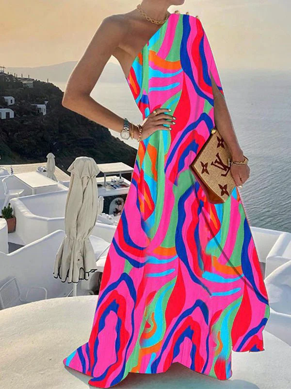 One Shoulder Print Swing Dress - Image 4