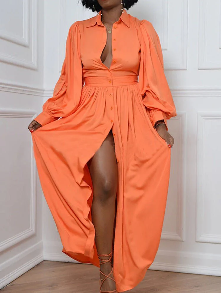 Solid Button Balloon Sleeve Shirt Dress