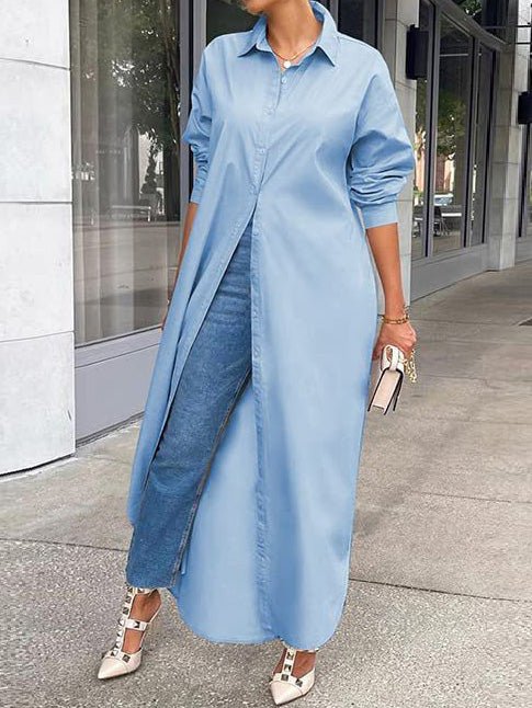Solid Long Sleeve Slit Shirt Dress - Image 3